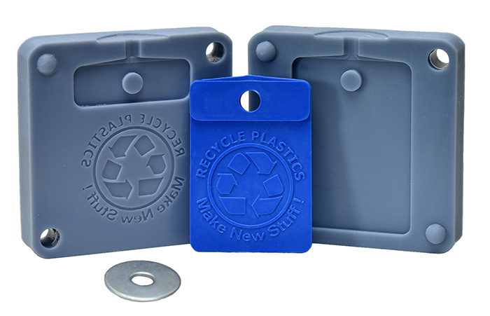 3D printed mold and molded part with recycle insignia.